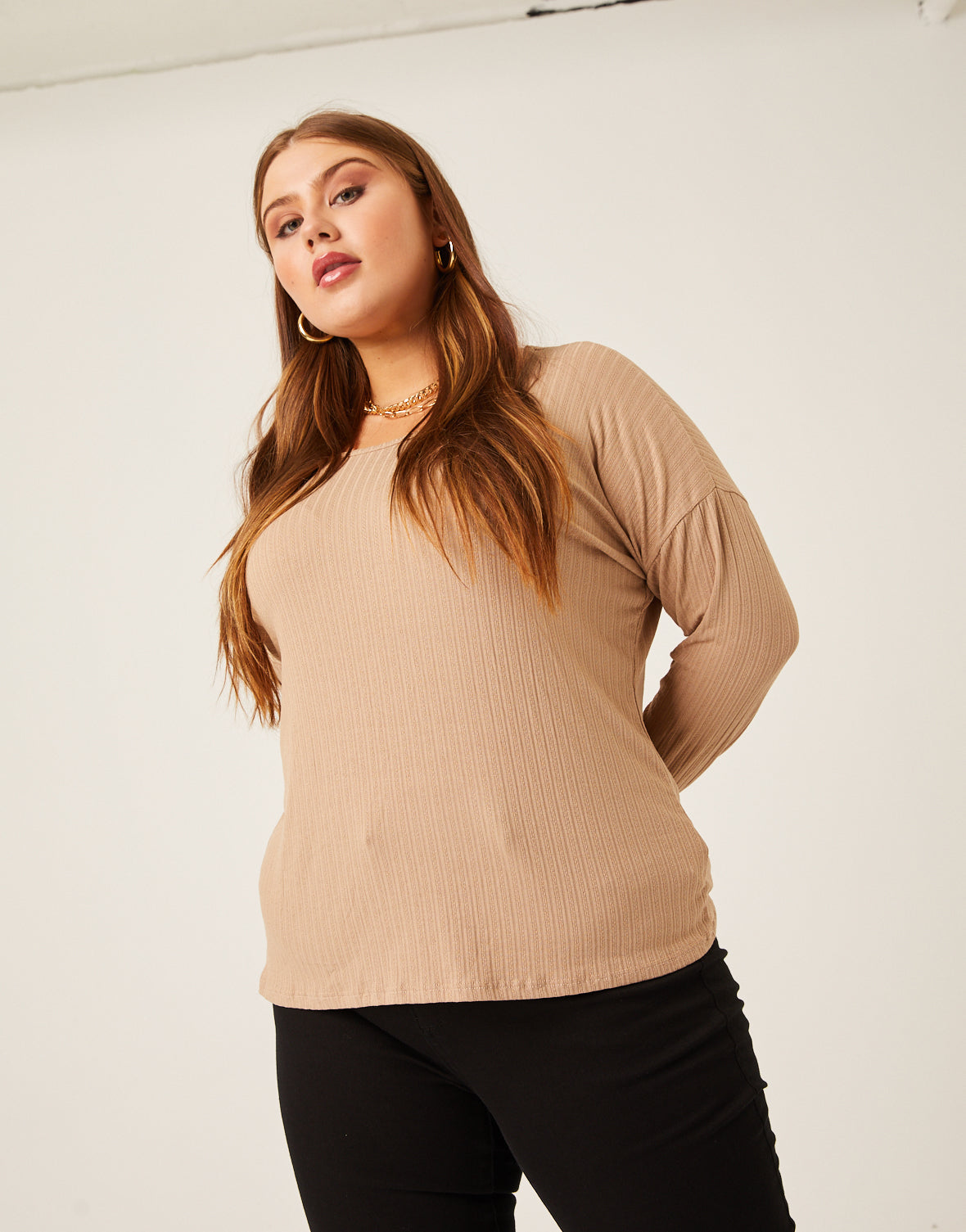 Plus Size Rib Knit Long Sleeve Top