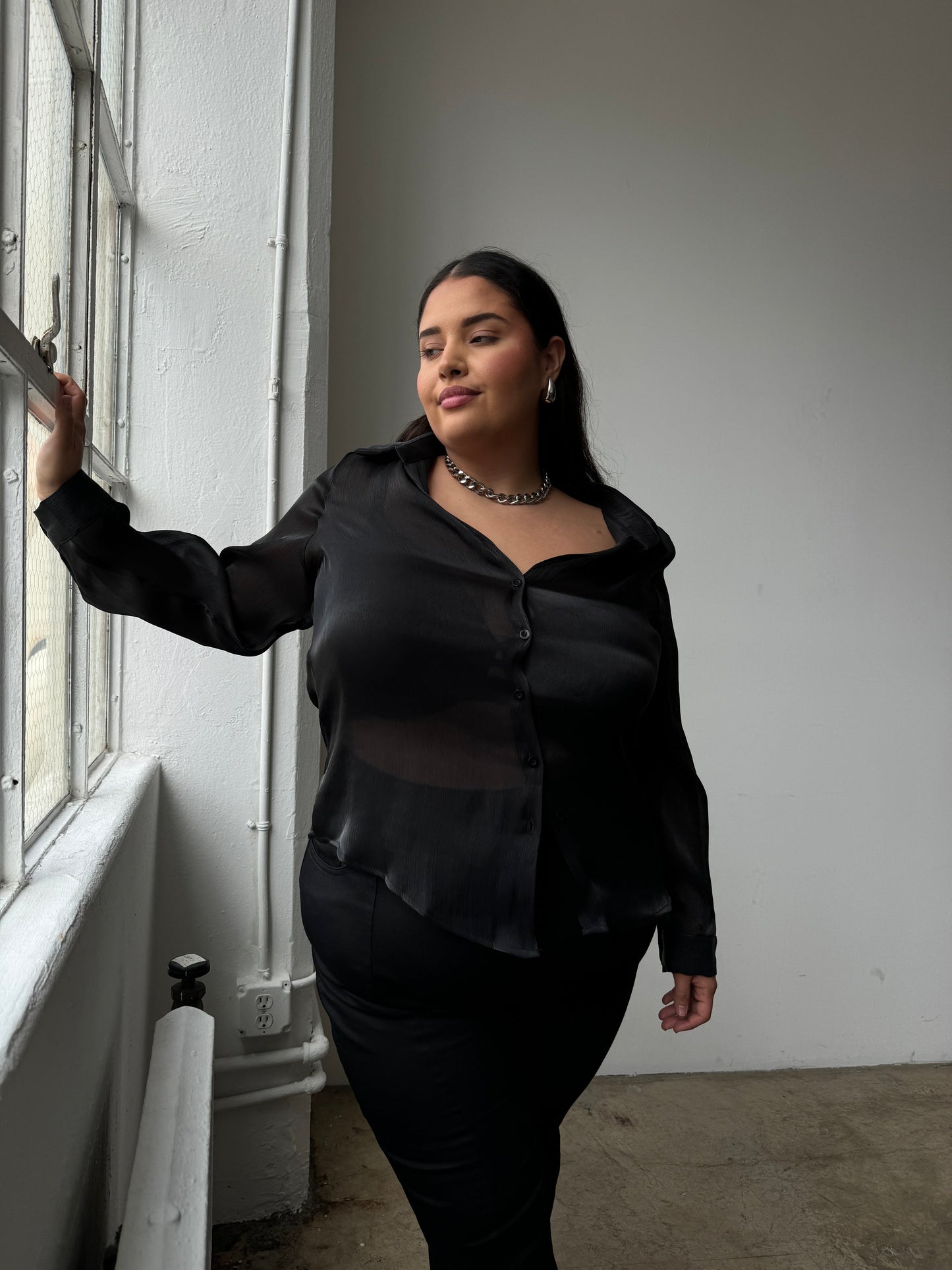 Plus Size Button Front Sheen Blouse