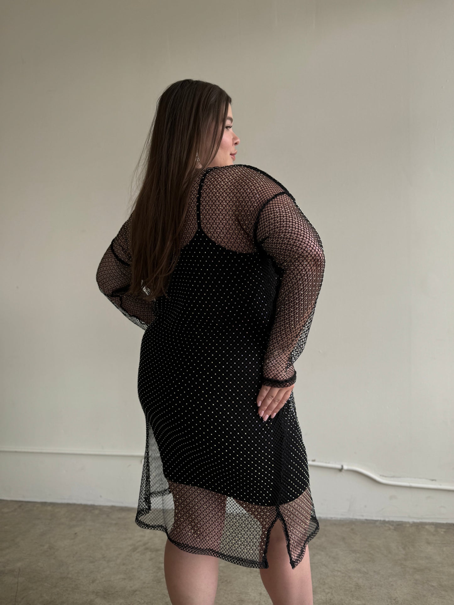 Plus Size Rhinestone Mesh Long Sleeve Dress