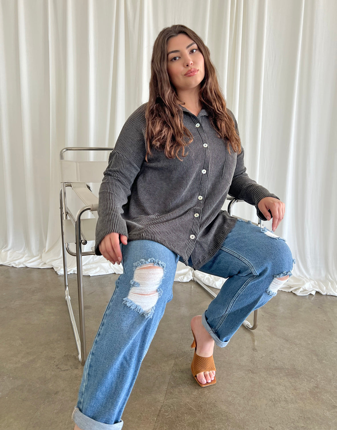 Plus Size Comfy Knit Button Up Shirt