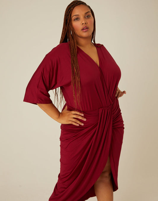Plus Size Gathered Drapey V Neck Dress