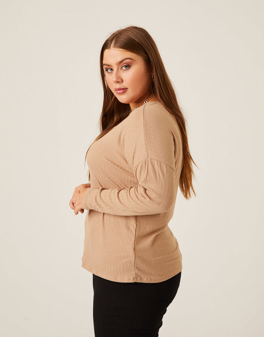 Plus Size Rib Knit Long Sleeve Top