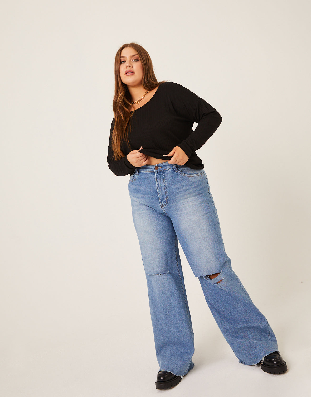 Plus Size Rib Knit Long Sleeve Top
