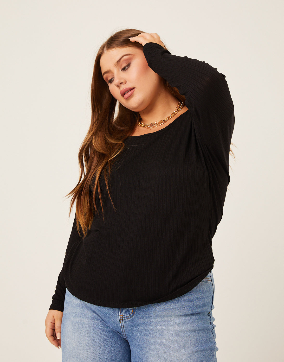 Plus Size Rib Knit Long Sleeve Top