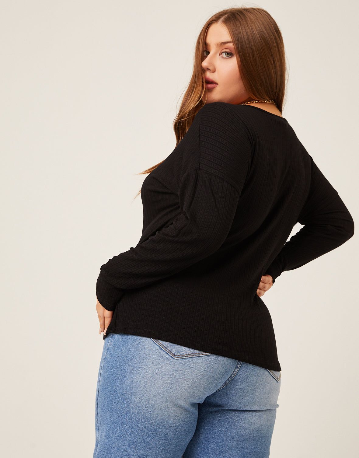 Plus Size Rib Knit Long Sleeve Top