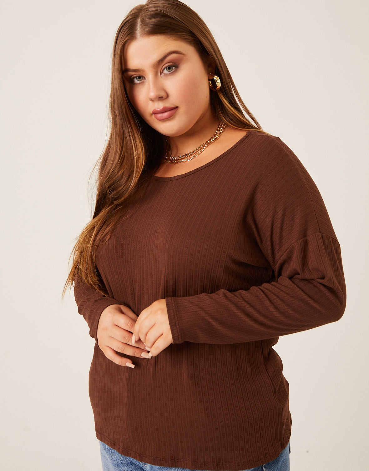 Plus Size Rib Knit Long Sleeve Top