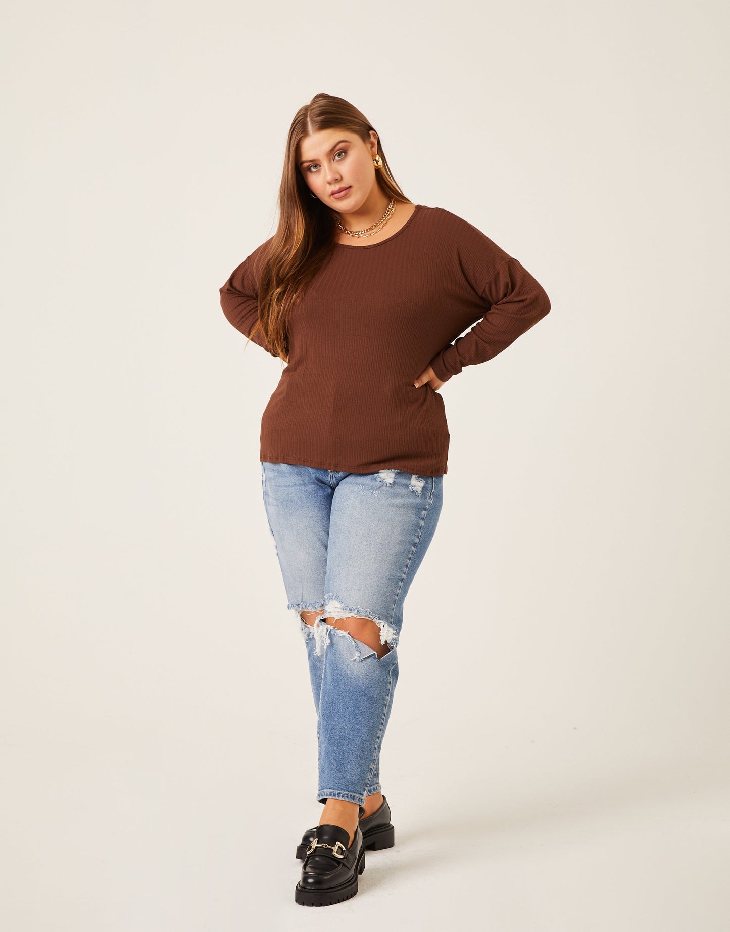 Plus Size Rib Knit Long Sleeve Top