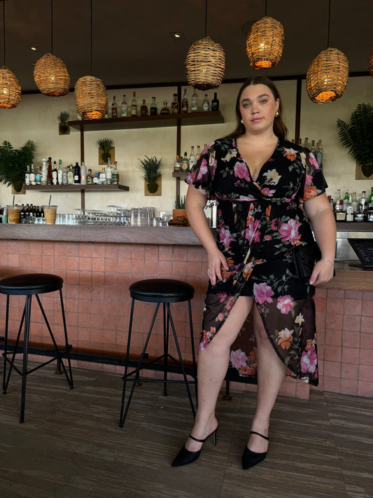 Plus Size Floral Print Mesh Dress