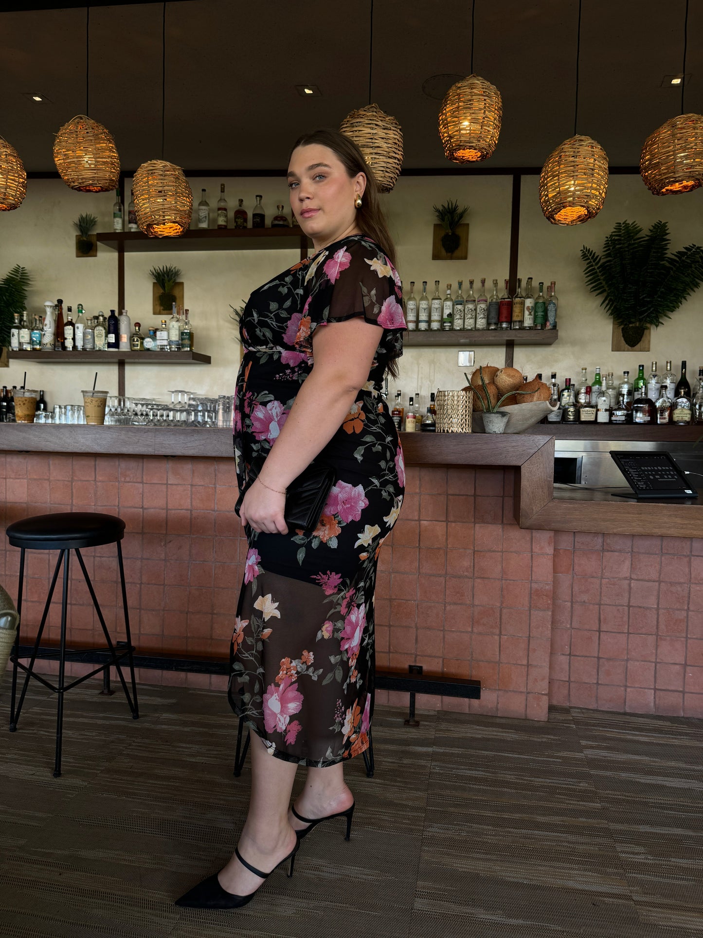 Plus Size Floral Print Mesh Dress