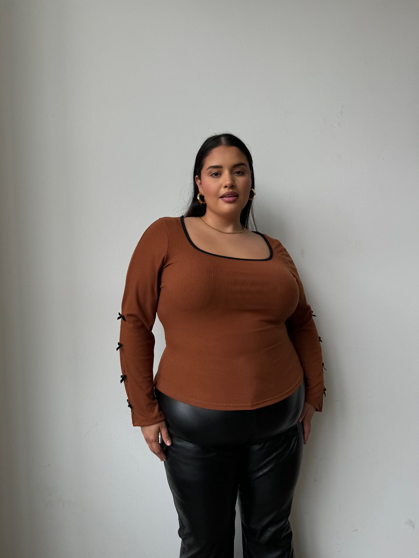 Plus Size Bow Detail Ribbed Long Sleeve Top