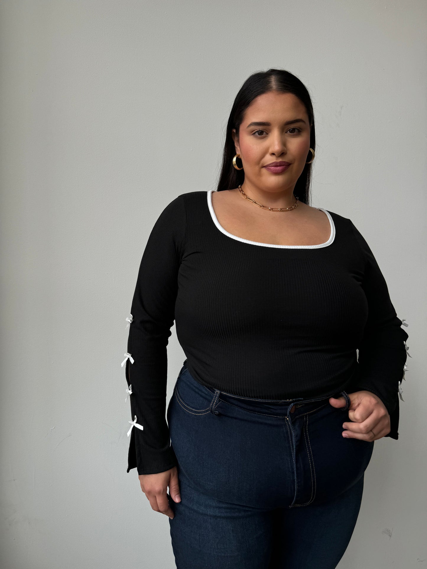 Plus Size Bow Detail Ribbed Long Sleeve Top