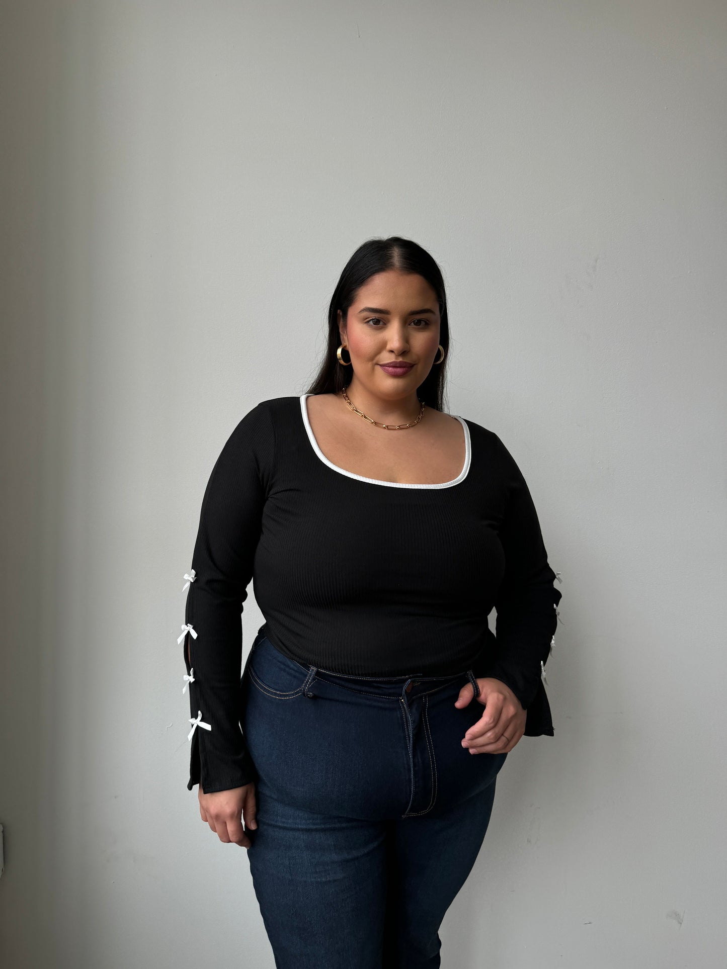 Plus Size Bow Detail Ribbed Long Sleeve Top