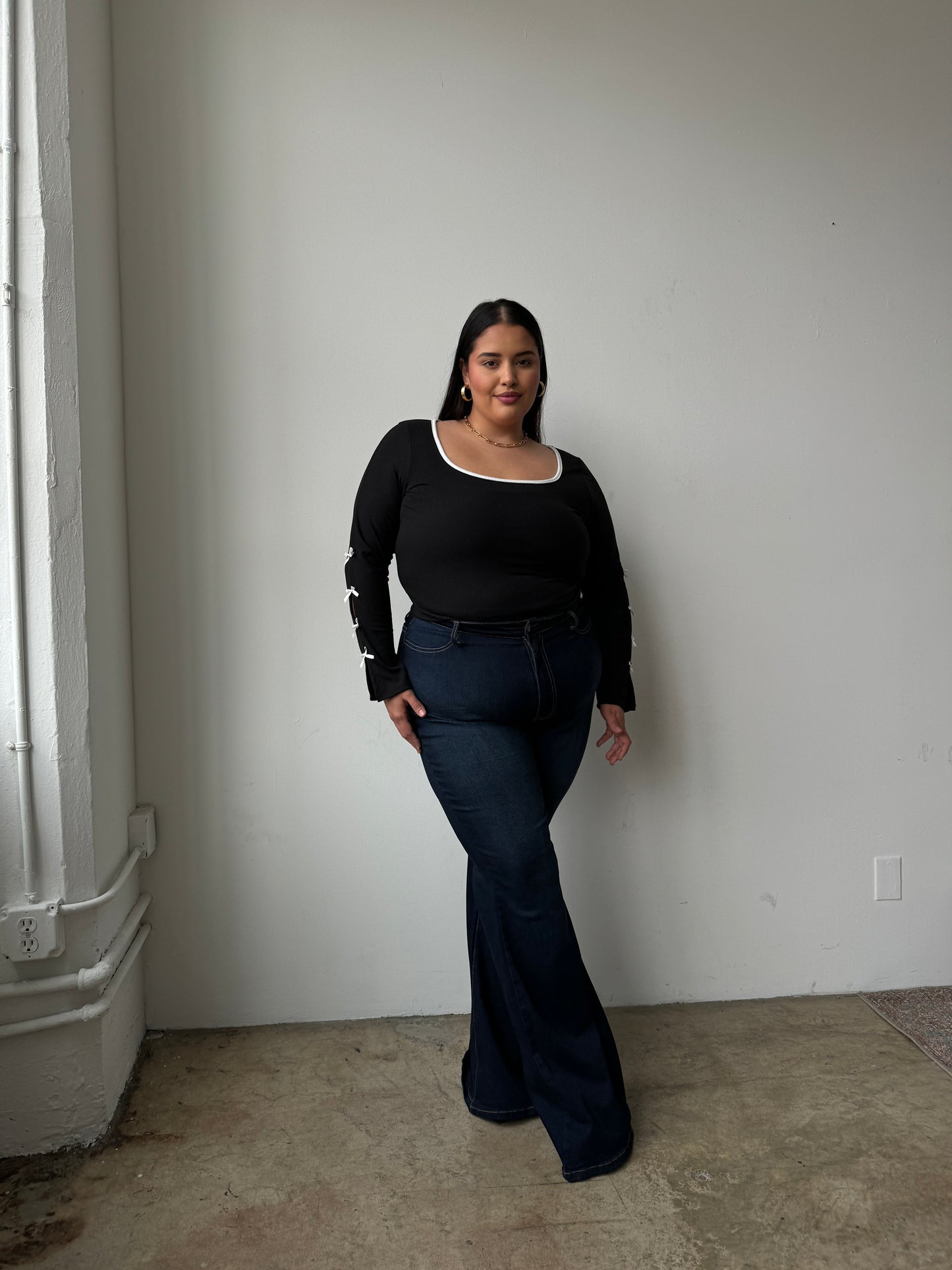 Plus Size Bow Detail Ribbed Long Sleeve Top
