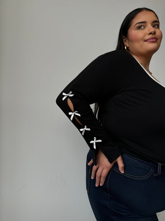 Plus Size Bow Detail Ribbed Long Sleeve Top