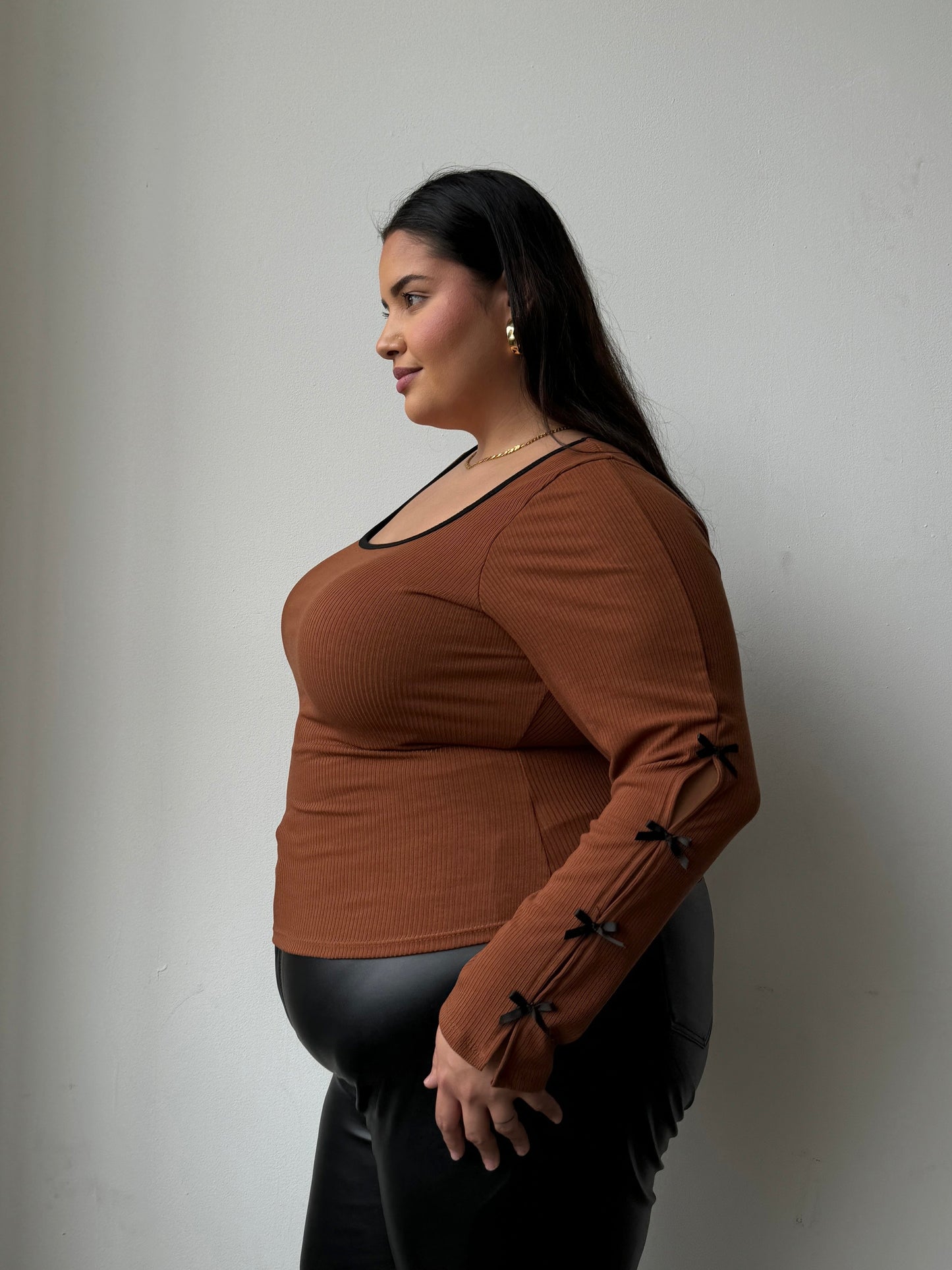 Plus Size Bow Detail Ribbed Long Sleeve Top