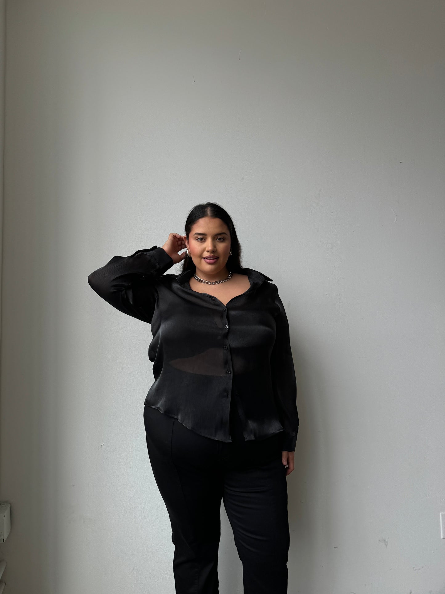 Plus Size Button Front Sheen Blouse