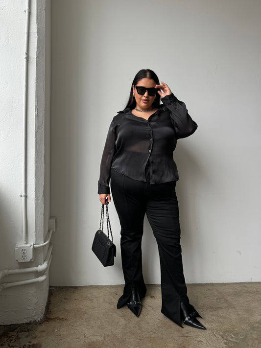 Plus Size Button Front Sheen Blouse