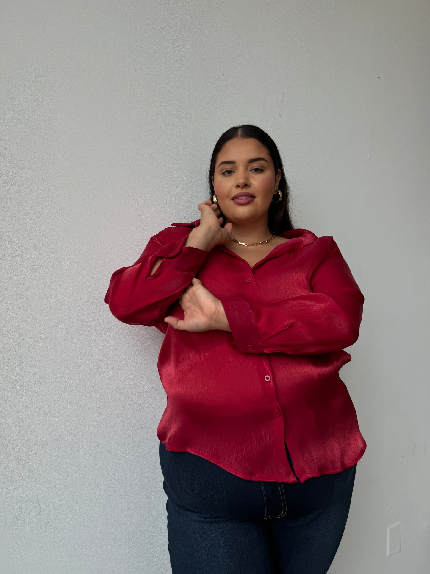 Plus Size Button Front Sheen Blouse
