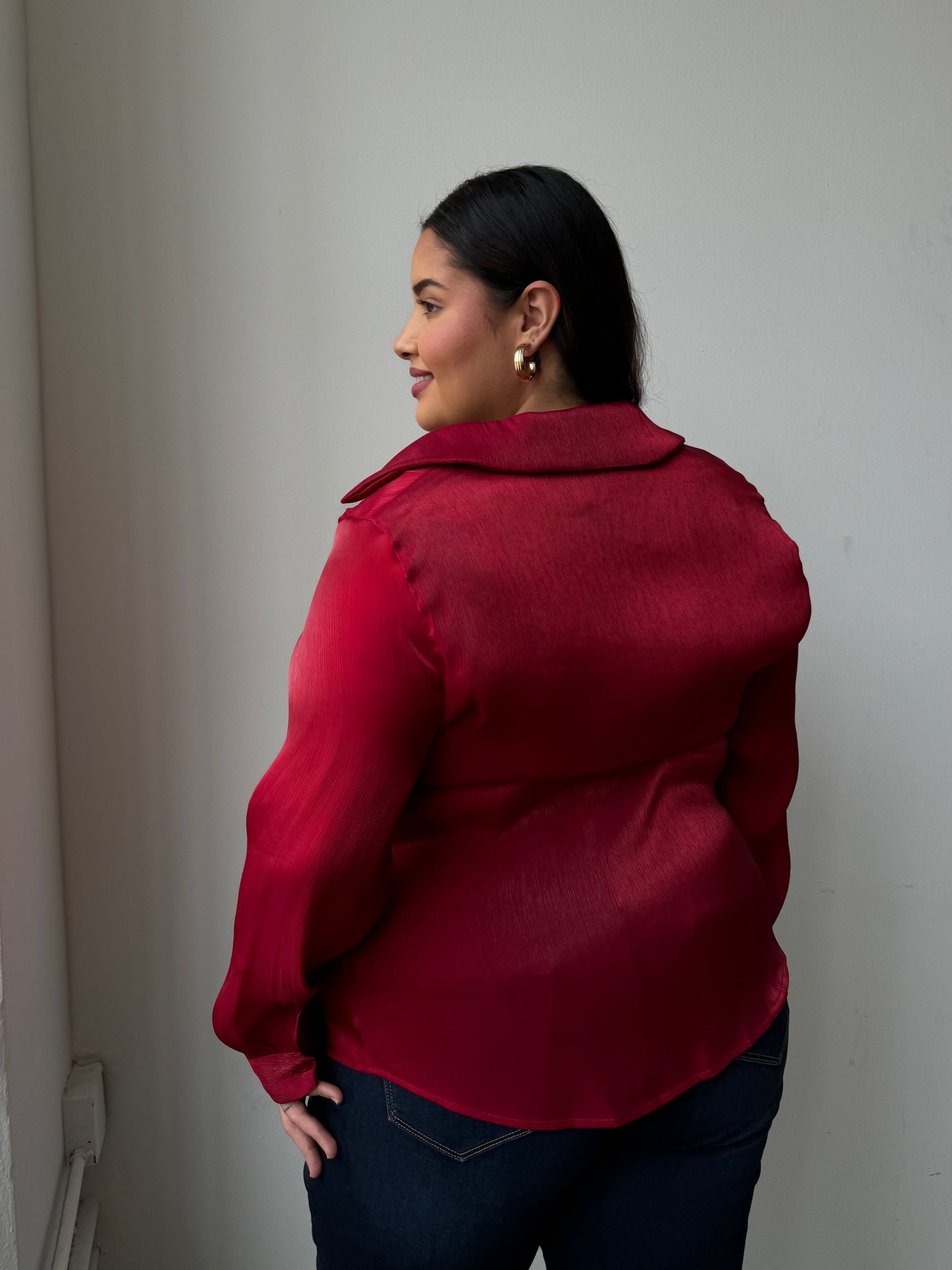 Plus Size Button Front Sheen Blouse