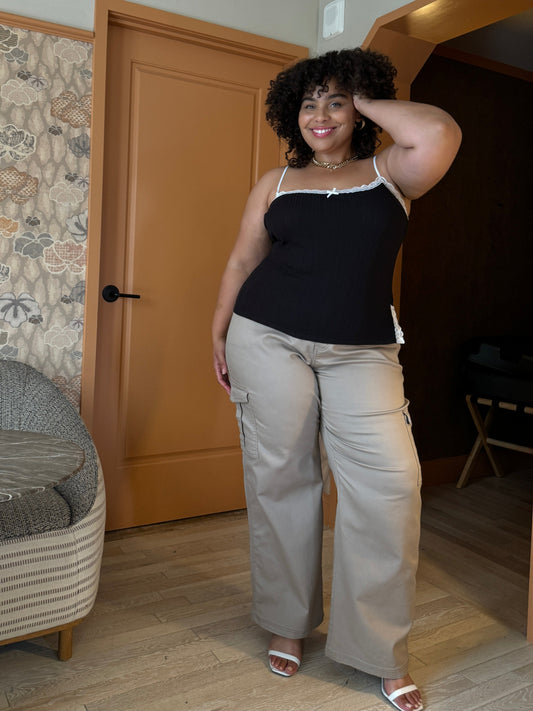 Plus Size Contrast Lace Trim Ribbed Cami
