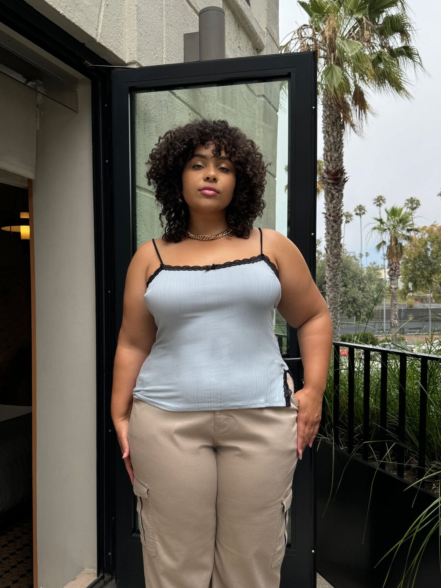Plus Size Contrast Lace Trim Ribbed Cami