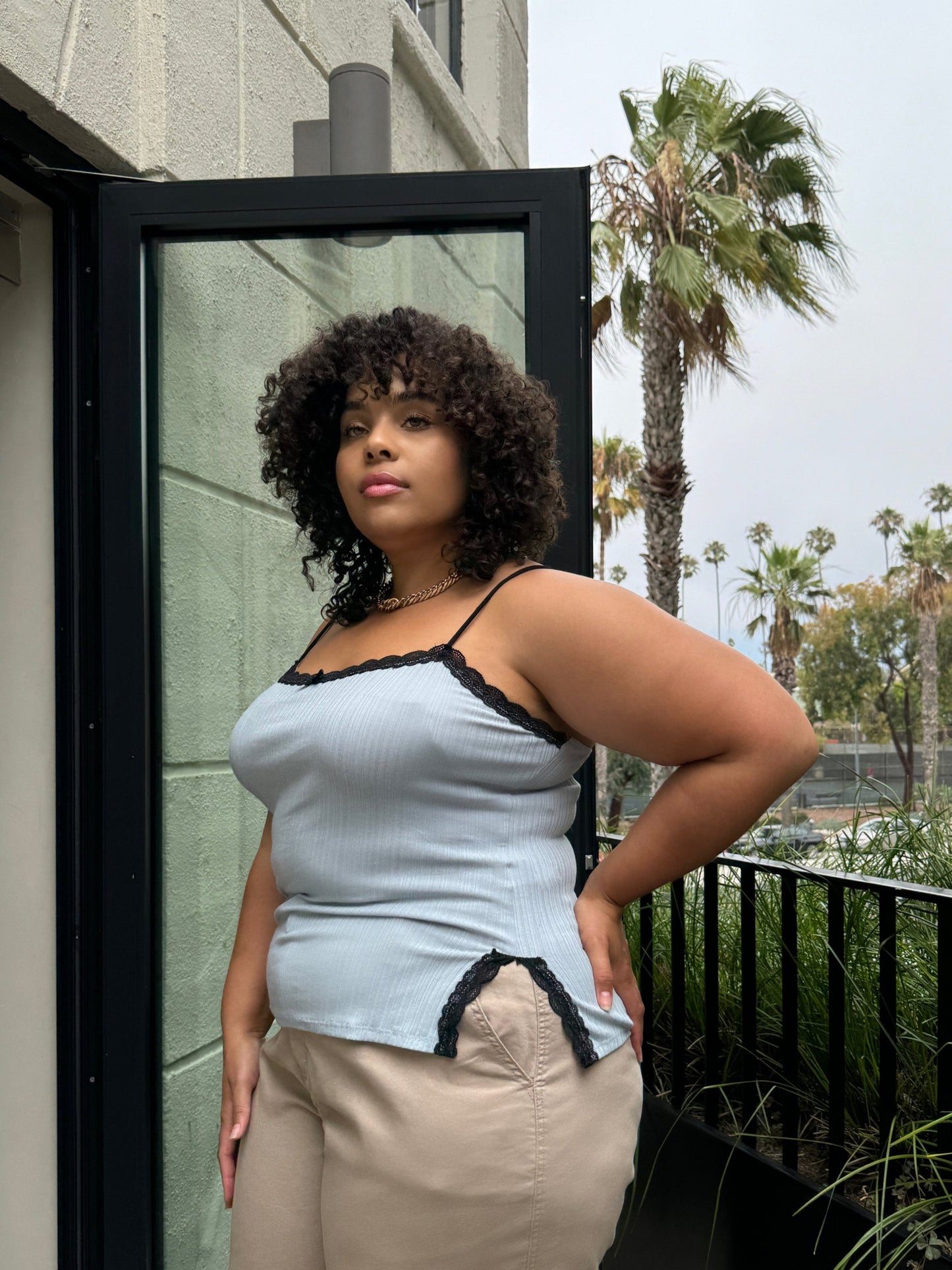 Plus Size Contrast Lace Trim Ribbed Cami