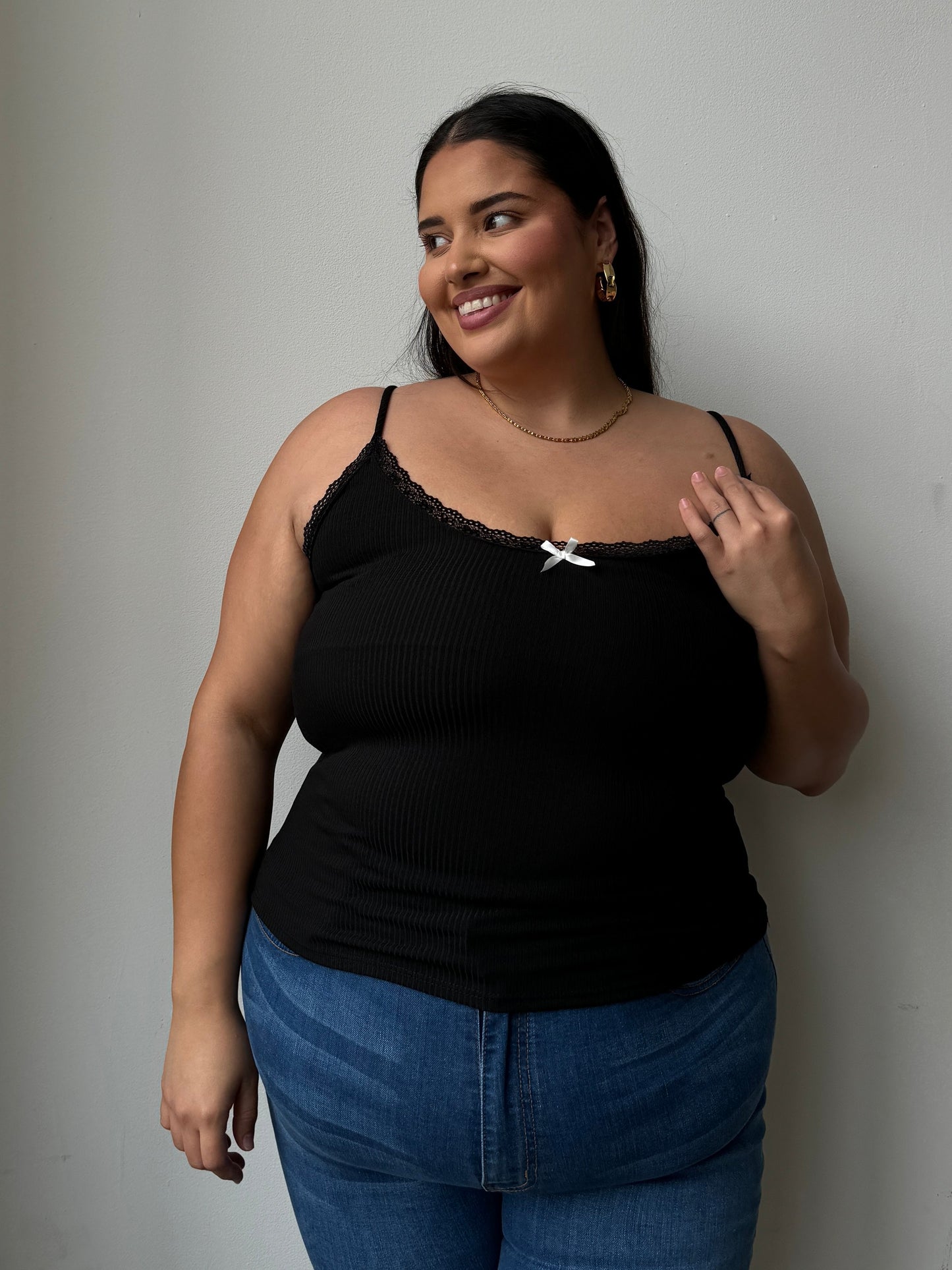 Plus Size Lace And Bow Ribbed Strap Top