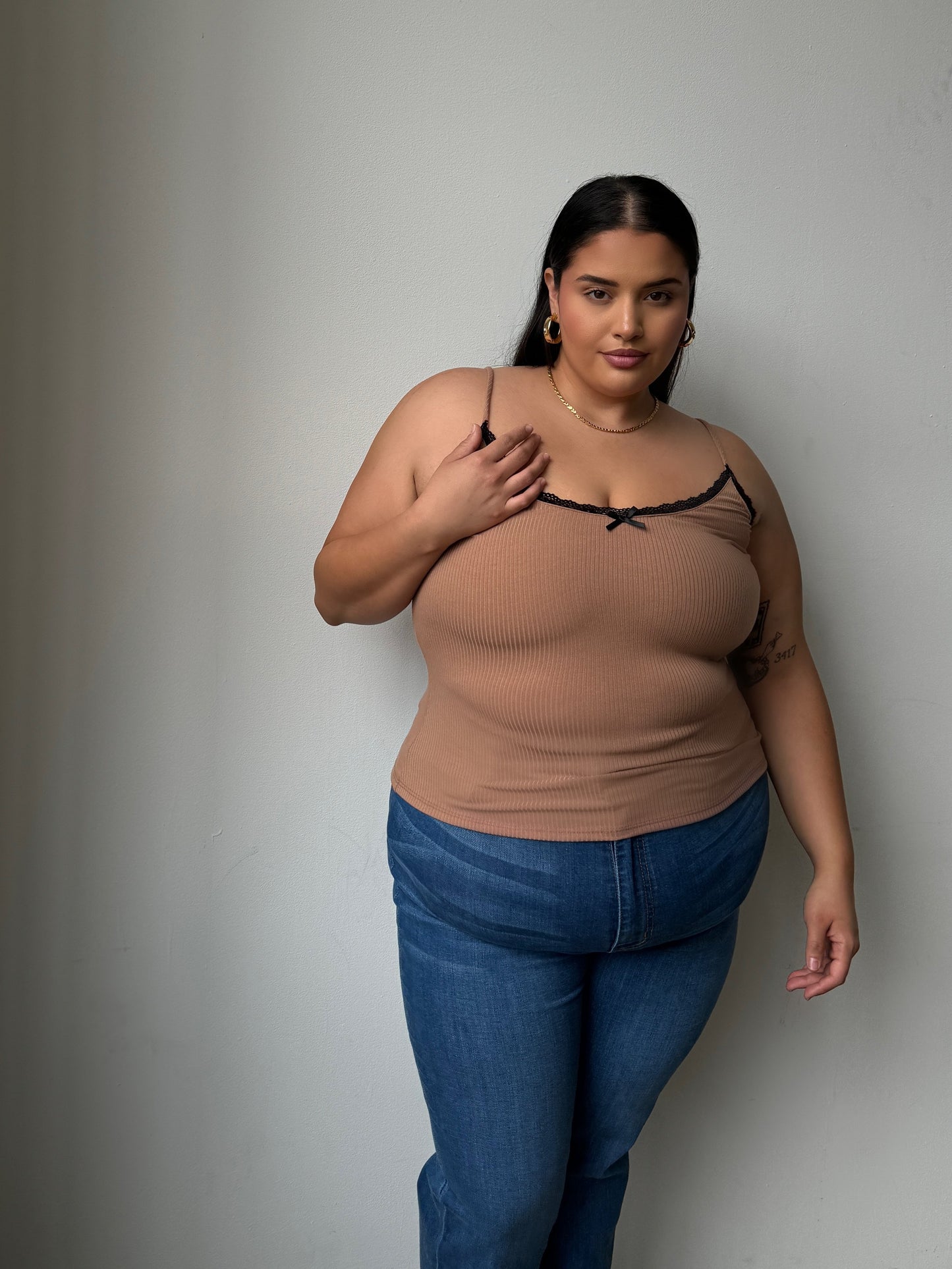 Plus Size Lace And Bow Ribbed Strap Top