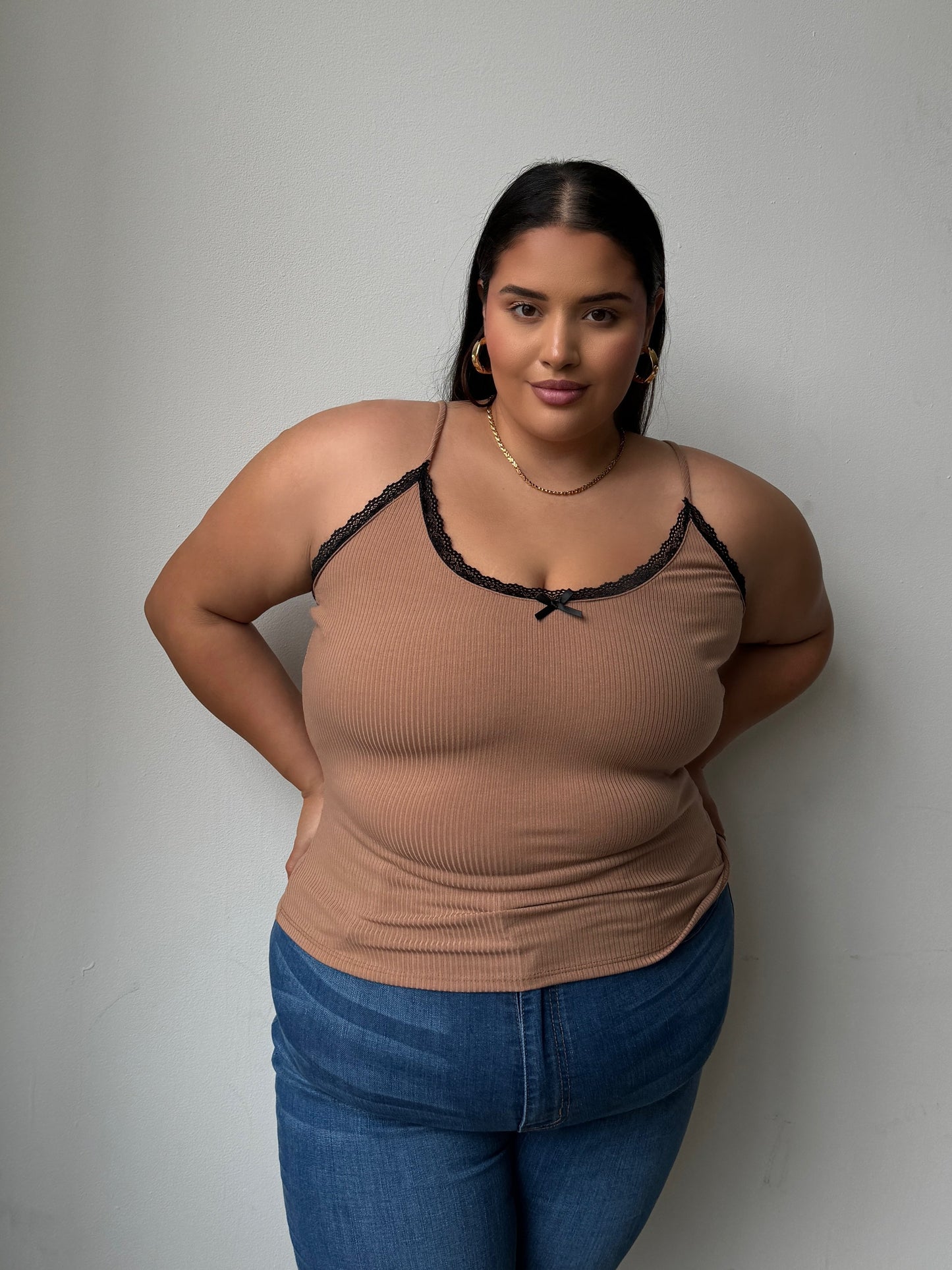 Plus Size Lace And Bow Ribbed Strap Top
