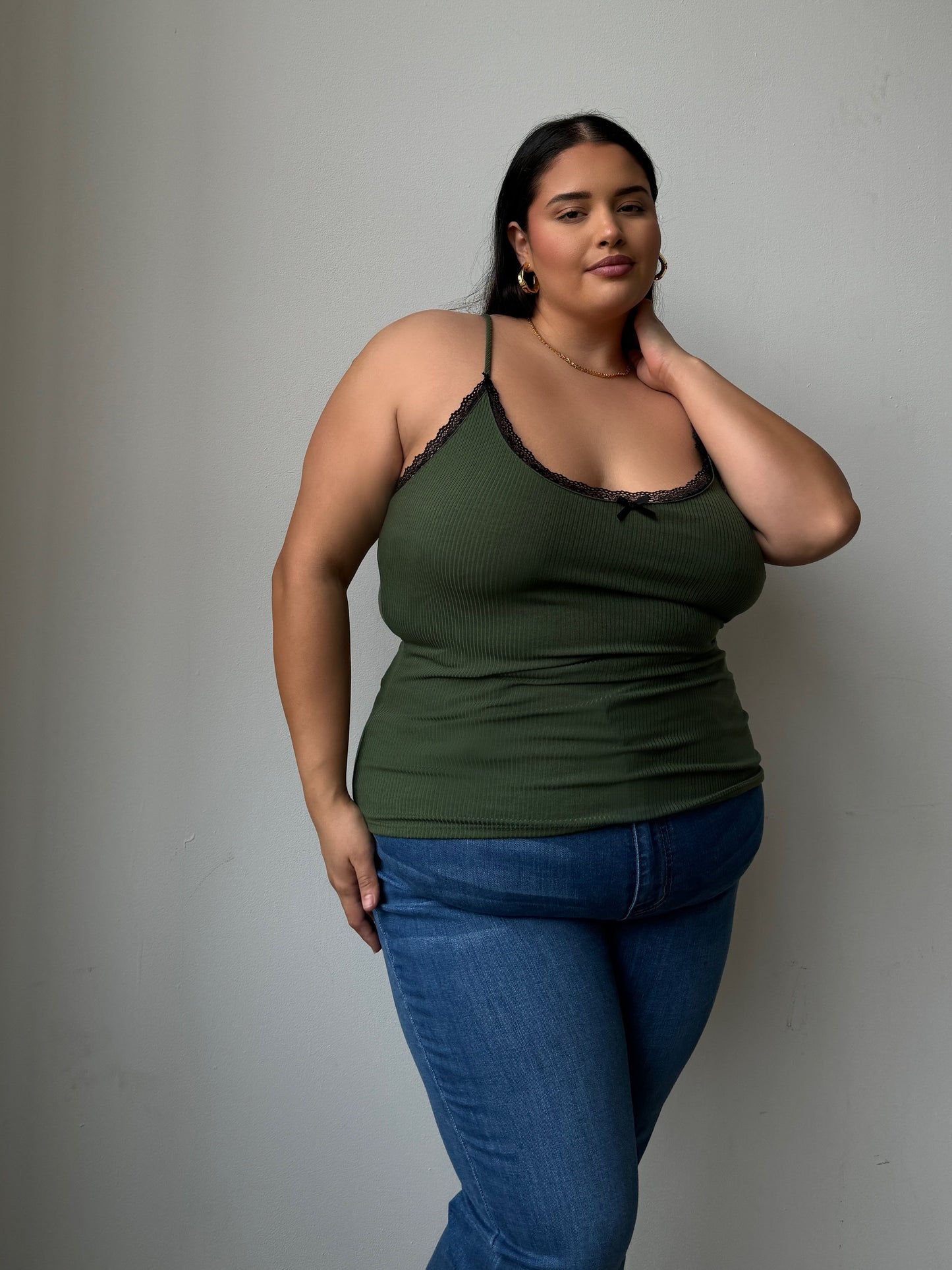 Plus Size Lace And Bow Ribbed Strap Top