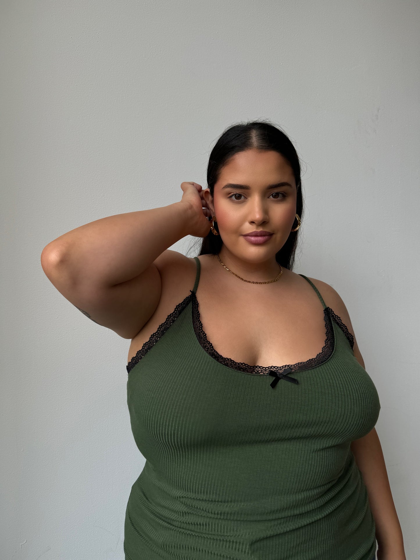 Plus Size Lace And Bow Ribbed Strap Top