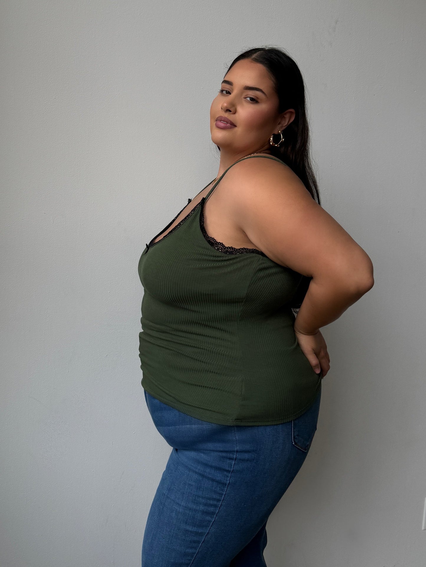 Plus Size Lace And Bow Ribbed Strap Top