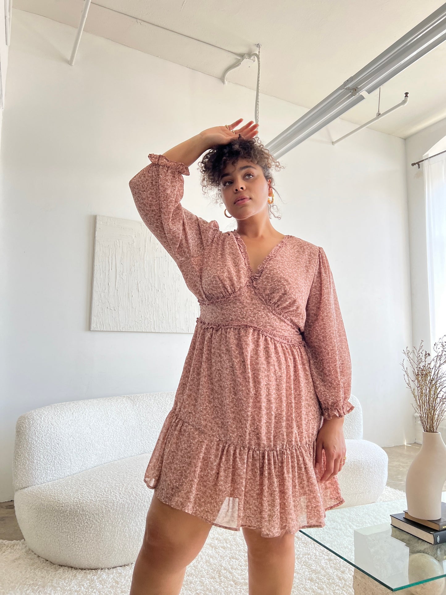 Plus Size Long Sleeve Chiffon Floral Dress