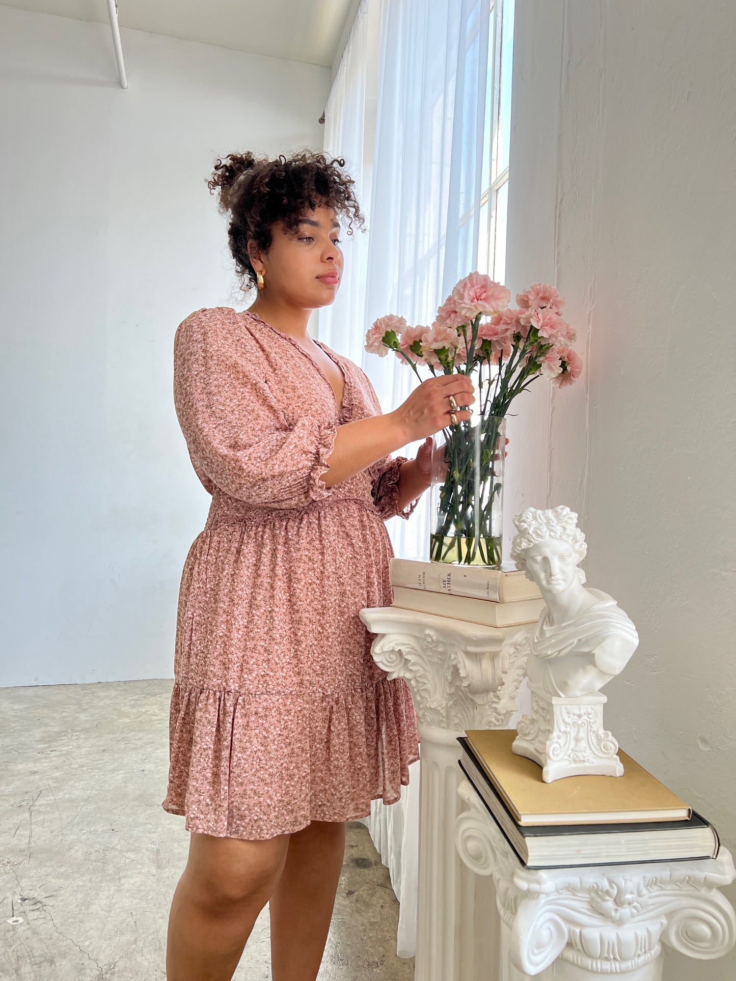 Plus Size Long Sleeve Chiffon Floral Dress