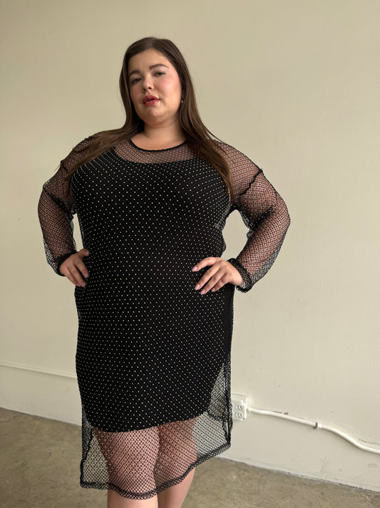 Plus Size Rhinestone Mesh Long Sleeve Dress