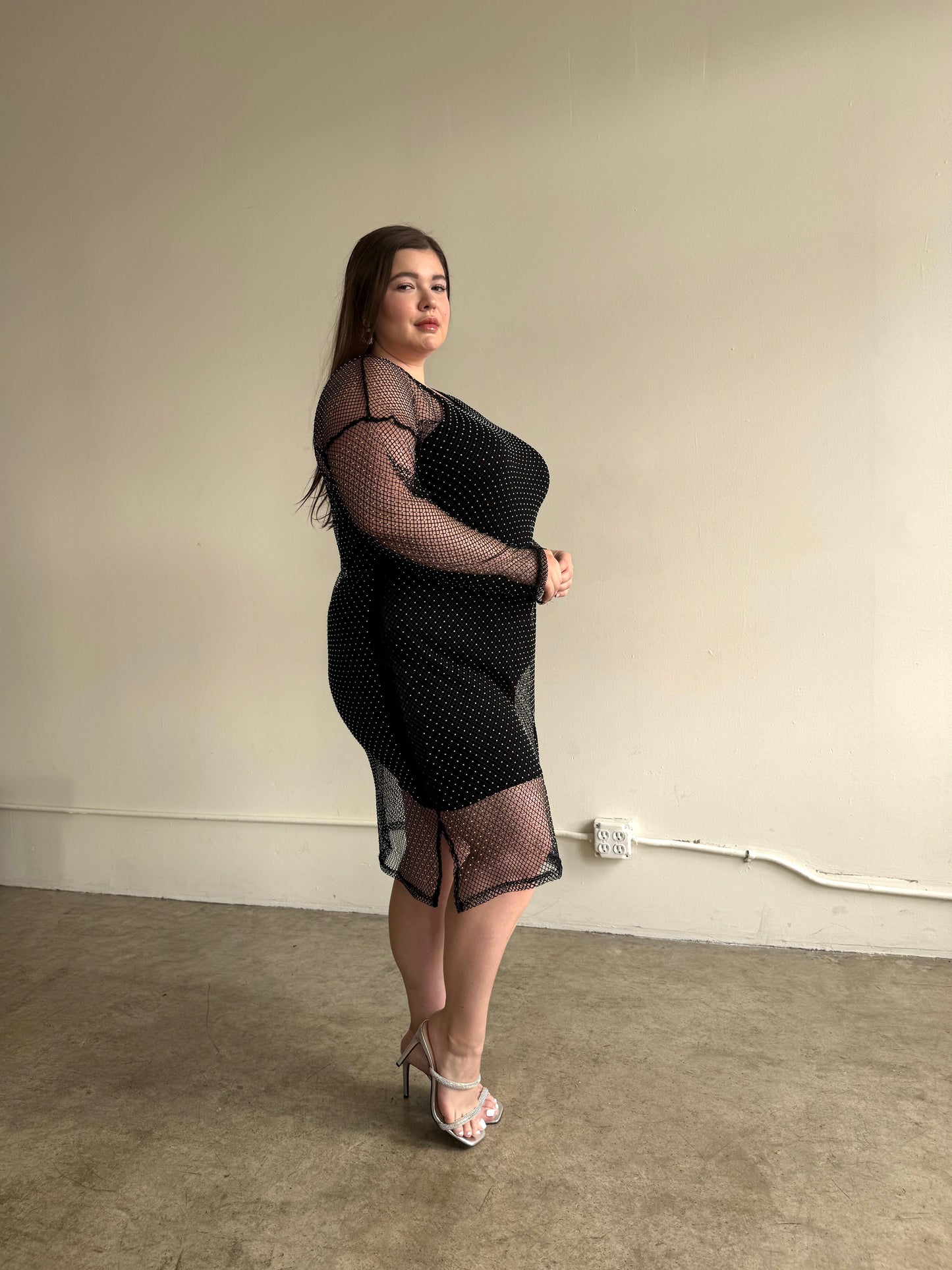 Plus Size Rhinestone Mesh Long Sleeve Dress