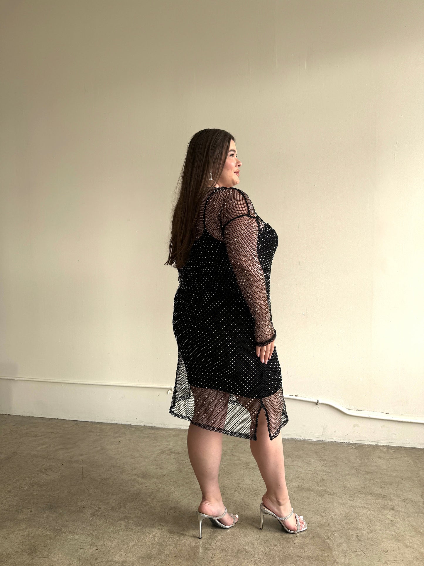 Plus Size Rhinestone Mesh Long Sleeve Dress