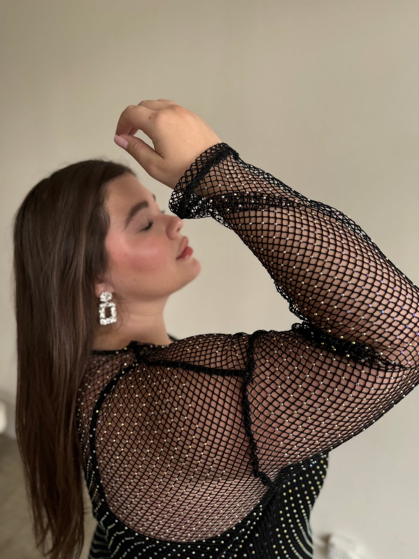 Plus Size Rhinestone Mesh Long Sleeve Dress