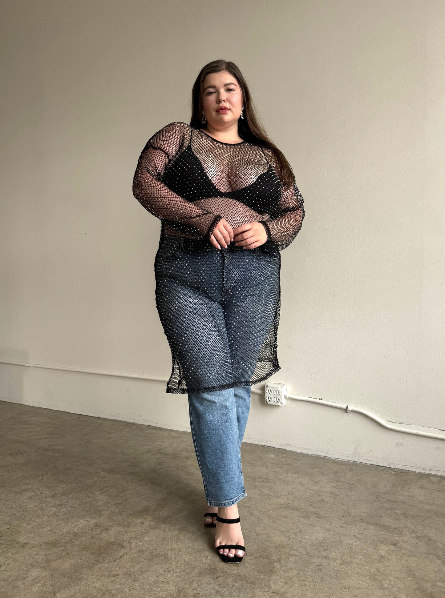 Plus Size Rhinestone Mesh Long Sleeve Dress