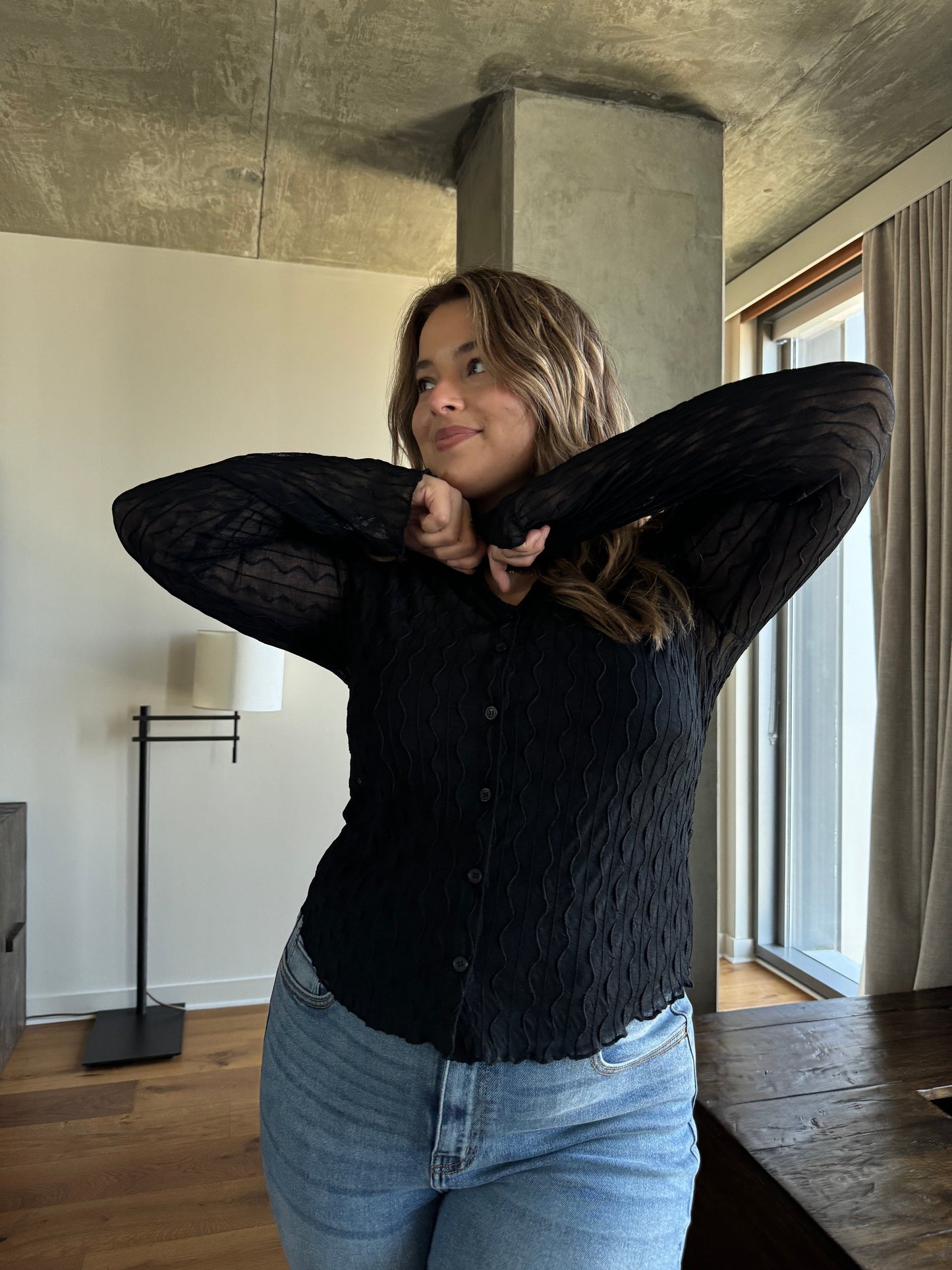 Plus Size Sheer Textured Long Sleeve Shirt