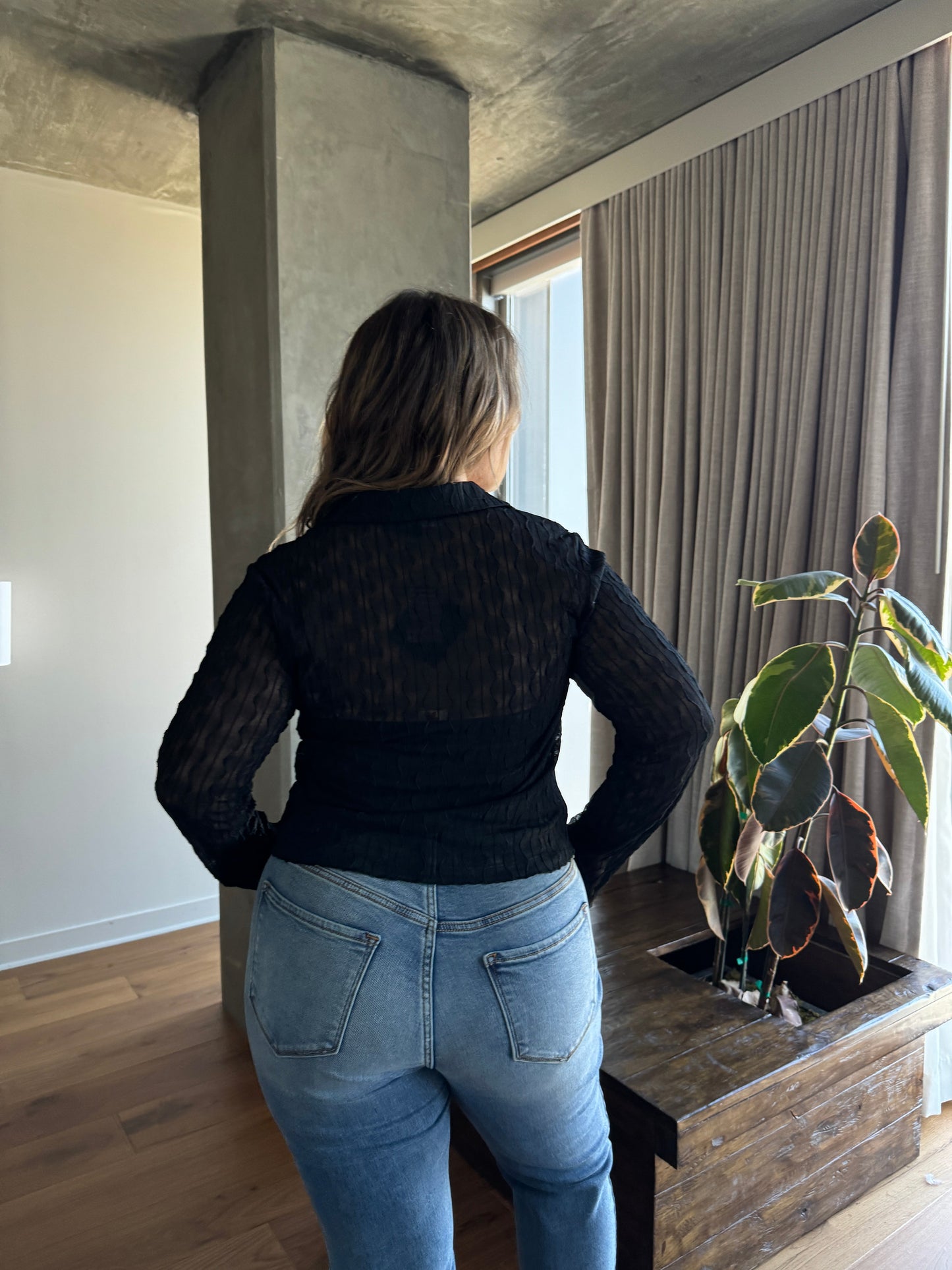 Plus Size Sheer Textured Long Sleeve Shirt