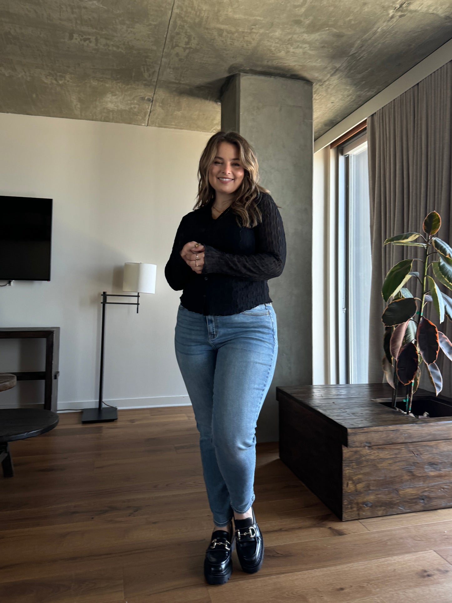 Plus Size Sheer Textured Long Sleeve Shirt