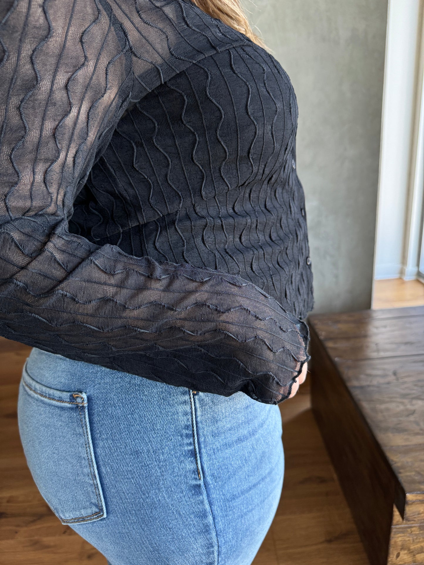 Plus Size Sheer Textured Long Sleeve Shirt