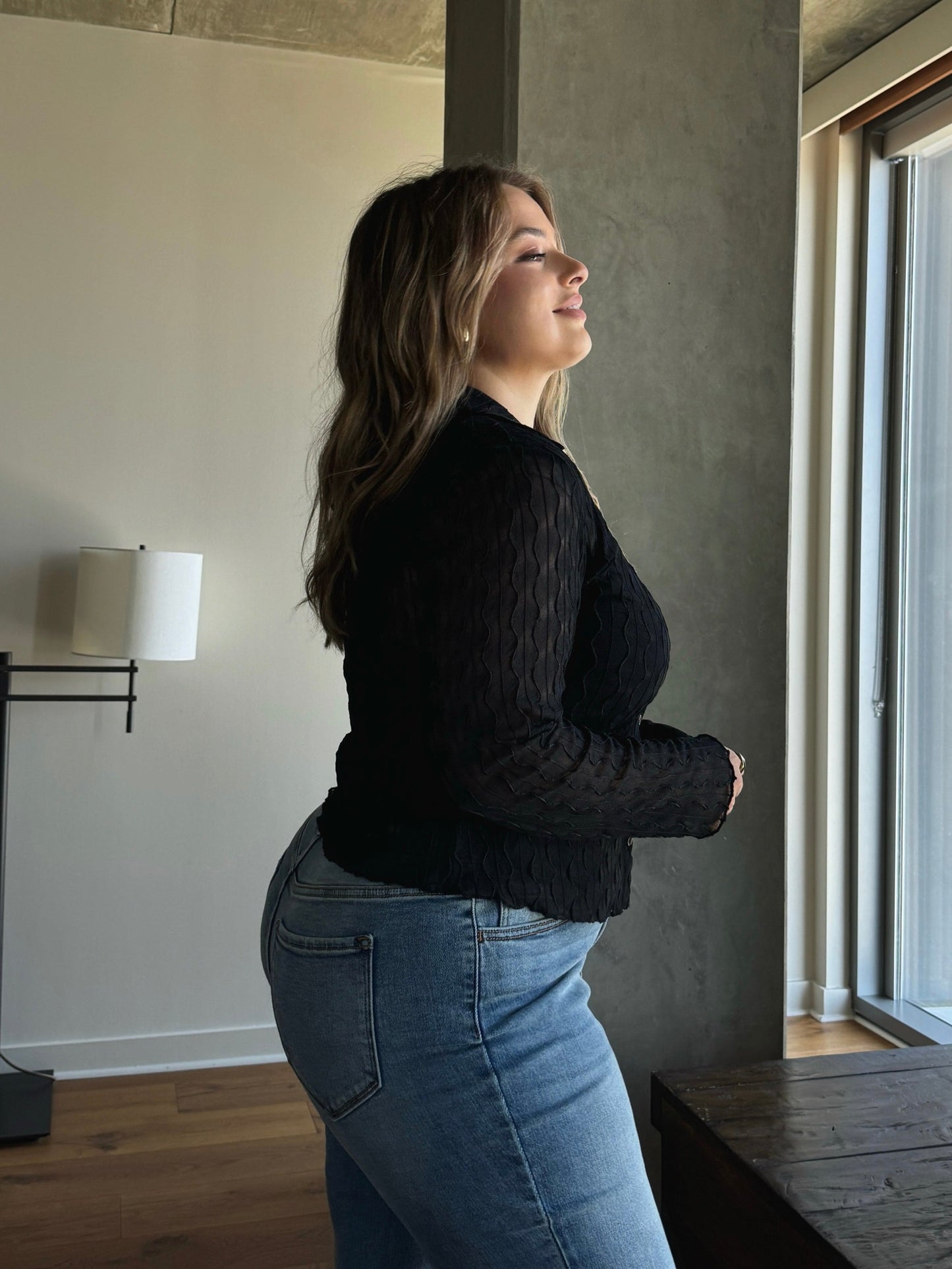 Plus Size Sheer Textured Long Sleeve Shirt